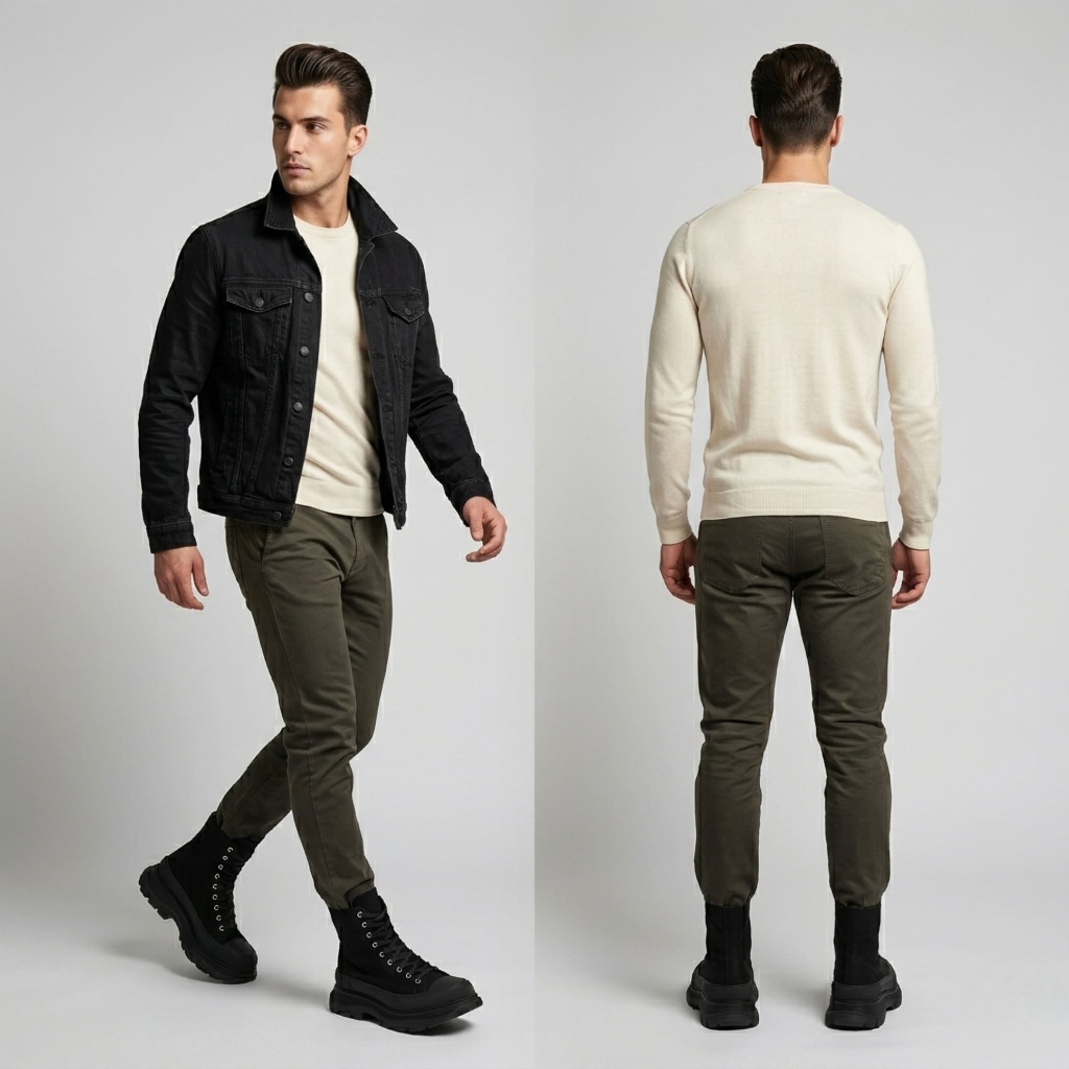 FORCIANO ELEVATOR black height increasing sneakers with thick cushioned soles worn by a male model in front and rear casual outfit views.