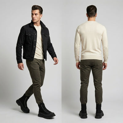 FORCIANO ELEVATOR black height increasing sneakers with thick cushioned soles worn by a male model in front and rear casual outfit views.