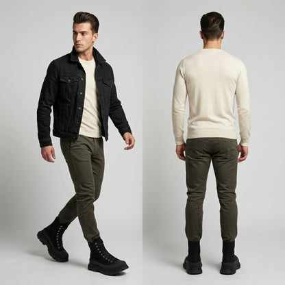 FORCIANO ELEVATOR black height increasing sneakers with thick cushioned soles worn by a male model in front and rear casual outfit views.