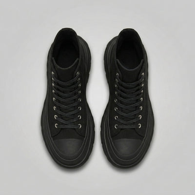 FORCIANO ELEVATOR black height increasing sneakers shown as a pair from the top with black laces and thick cushioned soles.