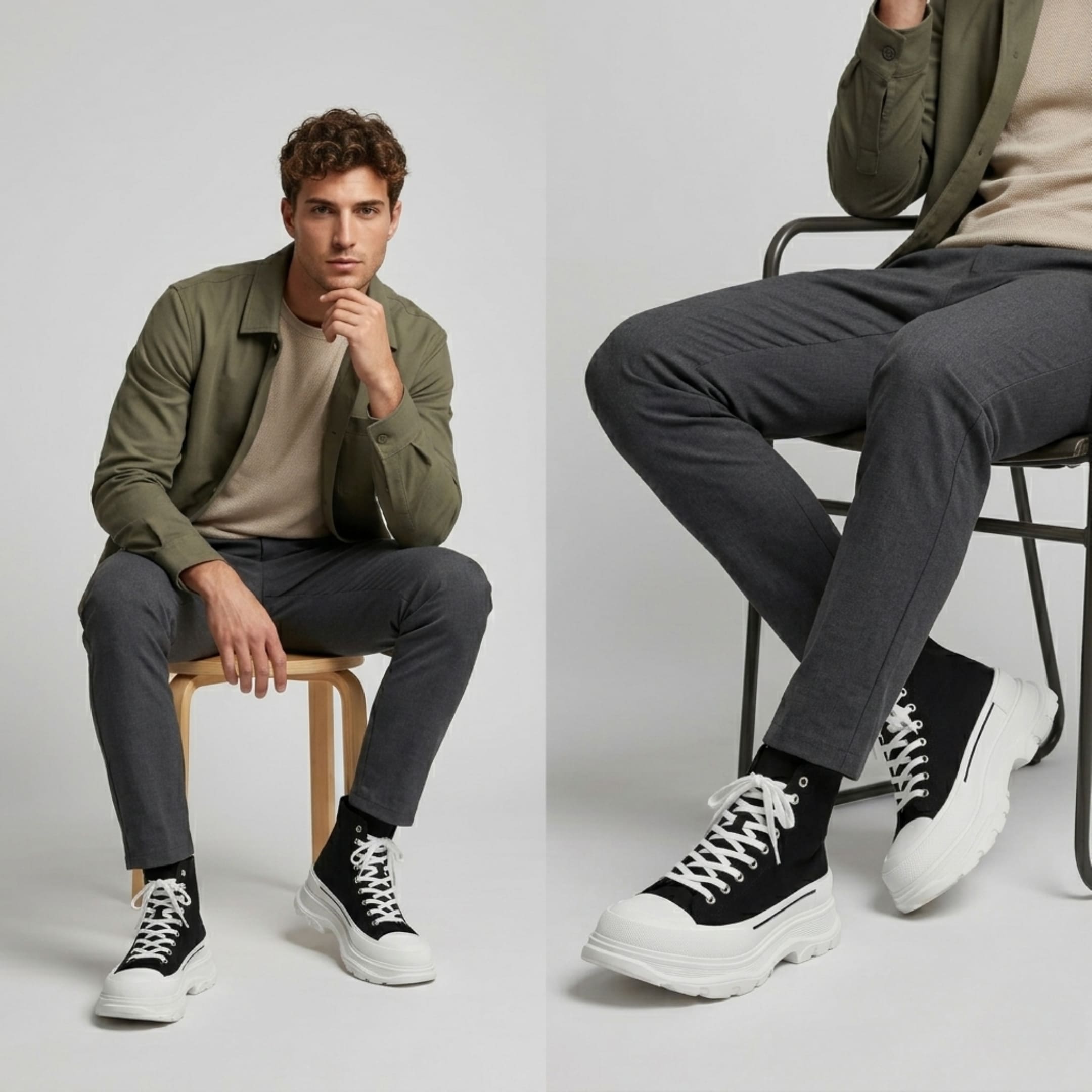 FORCIANO ELEVATOR black and white elevator sneakers with thick cushioned high-top design worn by a seated male model in a casual lifestyle view.