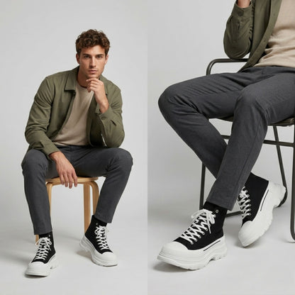 FORCIANO ELEVATOR black and white elevator sneakers with thick cushioned high-top design worn by a seated male model in a casual lifestyle view.