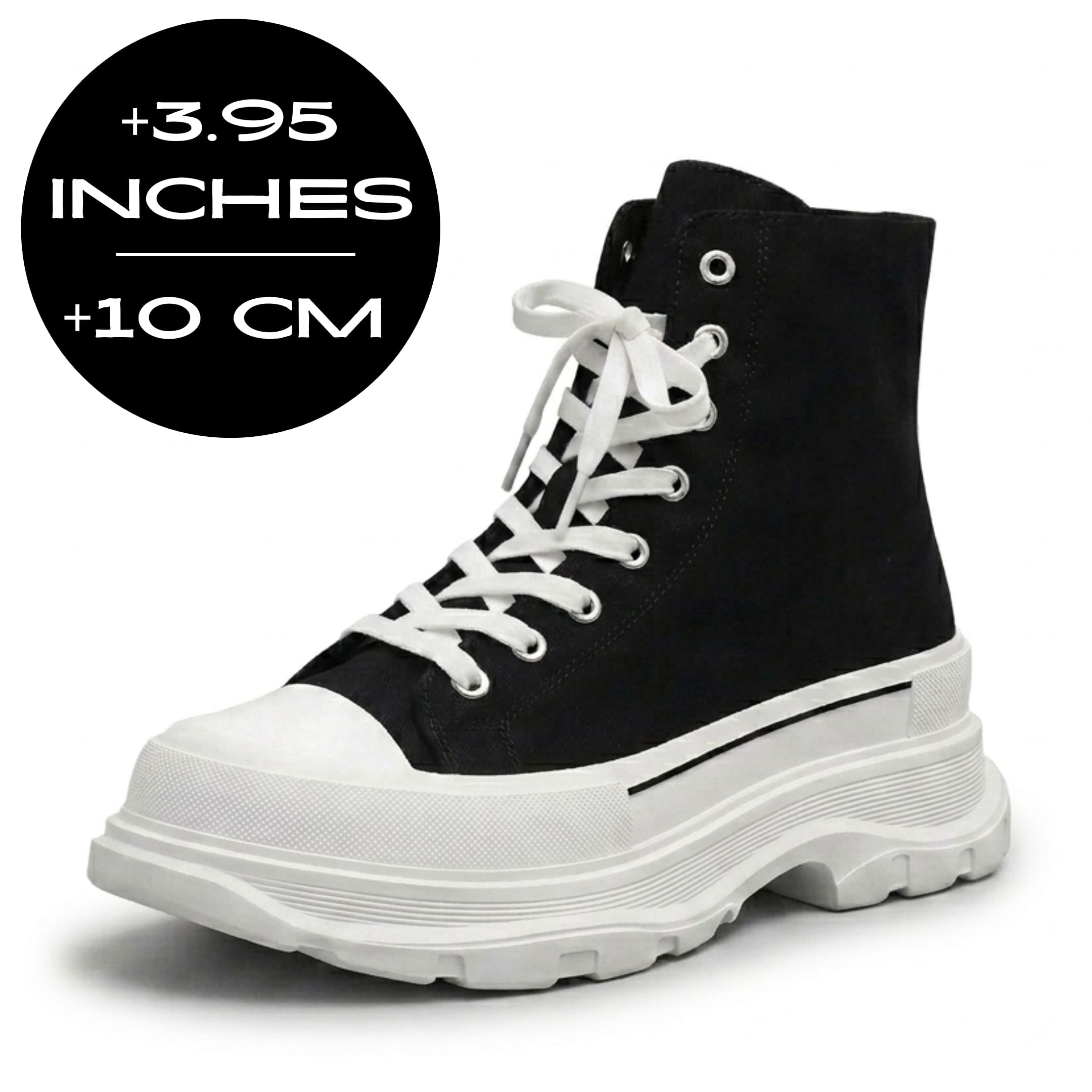 FORCIANO ELEVATOR black and white height increasing sneaker with thick cushioned high-top design shown with a 10 cm / 3.95" height graphic.