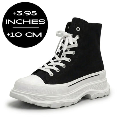 FORCIANO ELEVATOR black and white height increasing sneaker with thick cushioned high-top design shown with a 10 cm / 3.95" height graphic.