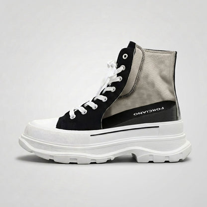 FORCIANO ELEVATOR black and white hidden lift sneaker shown in side cutaway view with the internal raised insert visible above the thick cushioned sole.