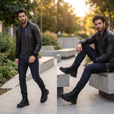 Male model wearing FORCIANO ELEVATOR black Height Increasing Sneakers with black laces and chunky soles, shown walking and sitting outdoors.