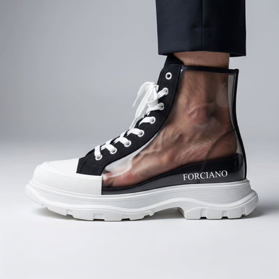 FORCIANO ELEVATOR Height Increasing Sneakers in black and white with a transparent cutaway illustration showing the concealed internal lift beneath the foot.