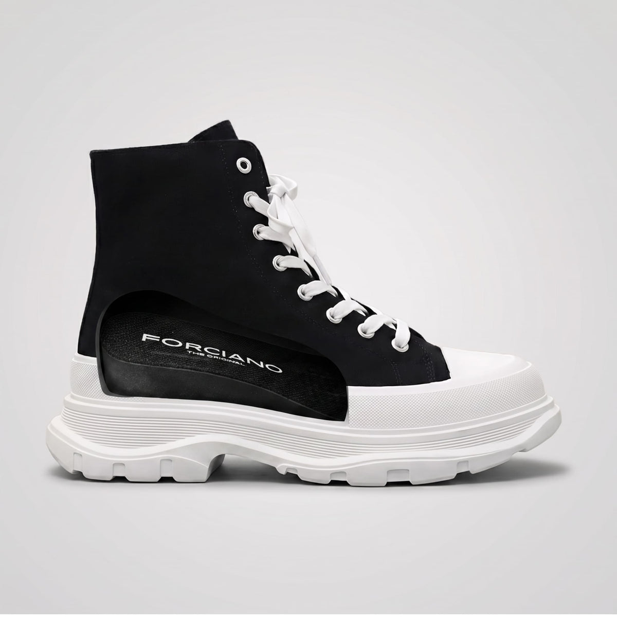 Side view of FORCIANO ELEVATOR Height Increasing Sneakers in black and white, showing the concealed internal height-increasing lift and chunky white sole.