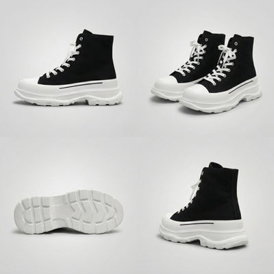 FORCIANO ELEVATOR Height Increasing Sneakers in black and white, displayed from side, front, outsole, and rear angles to highlight the high-top design and thick white soles.
