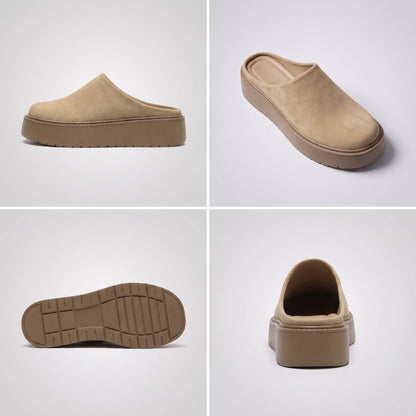 FORCIANO ELEVÉ beige slippers for Women in a multi-view collage showing side profile, front angle, outsole, and rear views with soft flannel upper.