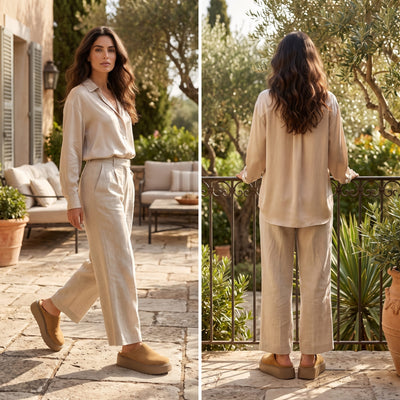 FORCIANO ELEVÉ brown Height Increasing Slippers for Women worn by a woman in an outdoor lifestyle split view showing walking and rear angles.