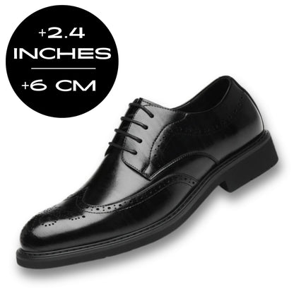 FORCIANO FAIRMONT black height increasing dress shoes shown from a front three-quarter angle with 6 cm / 2.4 inches height graphic.