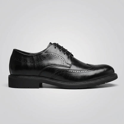 FORCIANO FAIRMONT black height increasing dress shoes shown in a full side profile with lace-up closure and brogue detailing.