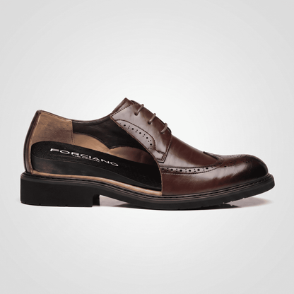 Cutaway side view of FORCIANO FAIRMONT brown height increasing dress shoes showing the visible internal lift construction.