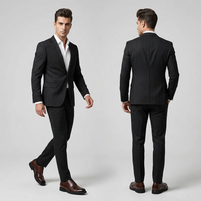 FORCIANO FAIRMONT brown height increasing dress shoes worn with a black pinstripe suit in combined front and rear formal lifestyle views.