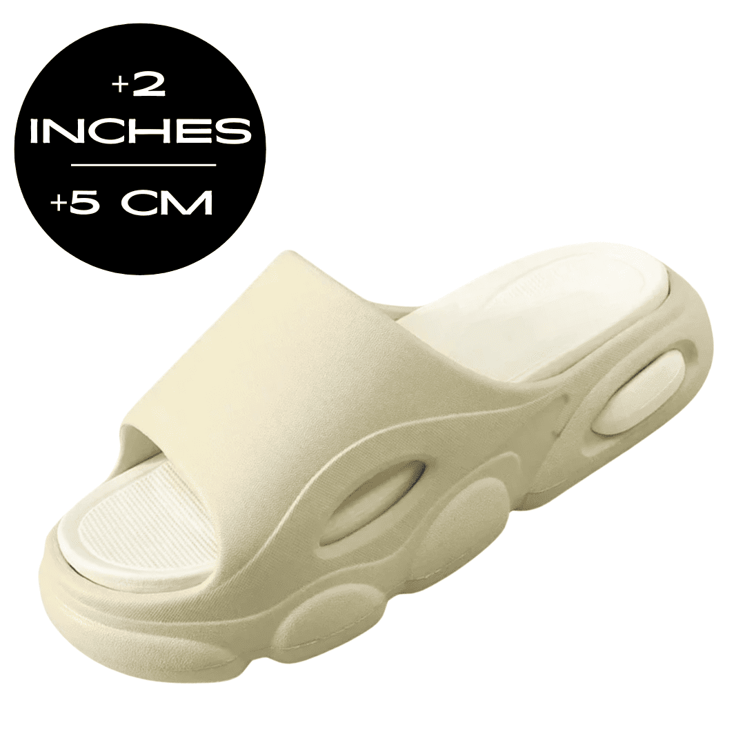 FORCIANO FEROX Beige-White height increasing slippers shown at a front angle with a visible 5 cm / 2" height graphic.