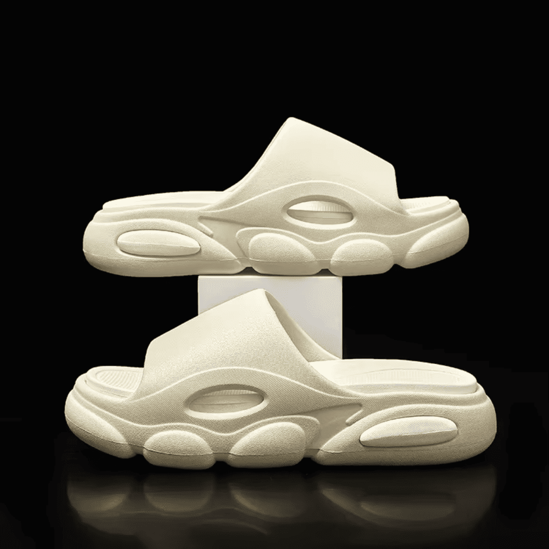 FORCIANO FEROX Beige-White height increasing slippers displayed as a pair in side-profile and three-quarter views against a black background.