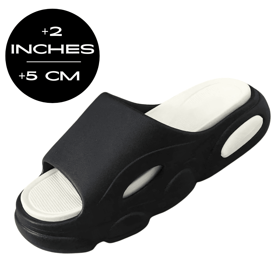 FORCIANO FEROX Black-White height increasing slippers shown from a front angle with a 5 cm / 2" height graphic.