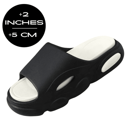 FORCIANO FEROX Black-White height increasing slippers shown from a front angle with a 5 cm / 2" height graphic.