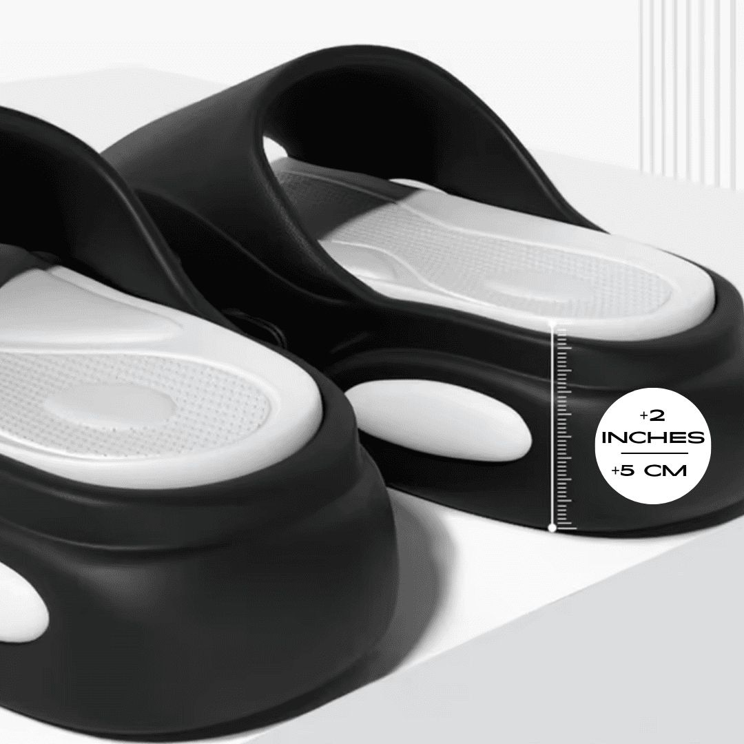 FORCIANO FEROX Black-White height increasing slippers by 5 cm / 2", shown in a close height measurement detail.
