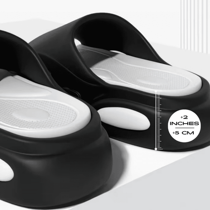 FORCIANO FEROX Black-White height increasing slippers by 5 cm / 2", shown in a close height measurement detail.