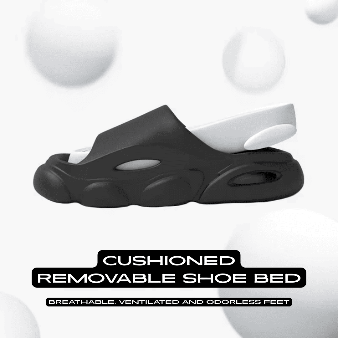 FORCIANO FEROX Black-White height increasing slippers feature graphic showing the cushioned removable shoe bed lifted above the EVA sole.