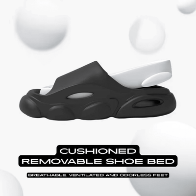 FORCIANO FEROX Black-White height increasing slippers feature graphic showing the cushioned removable shoe bed lifted above the EVA sole.