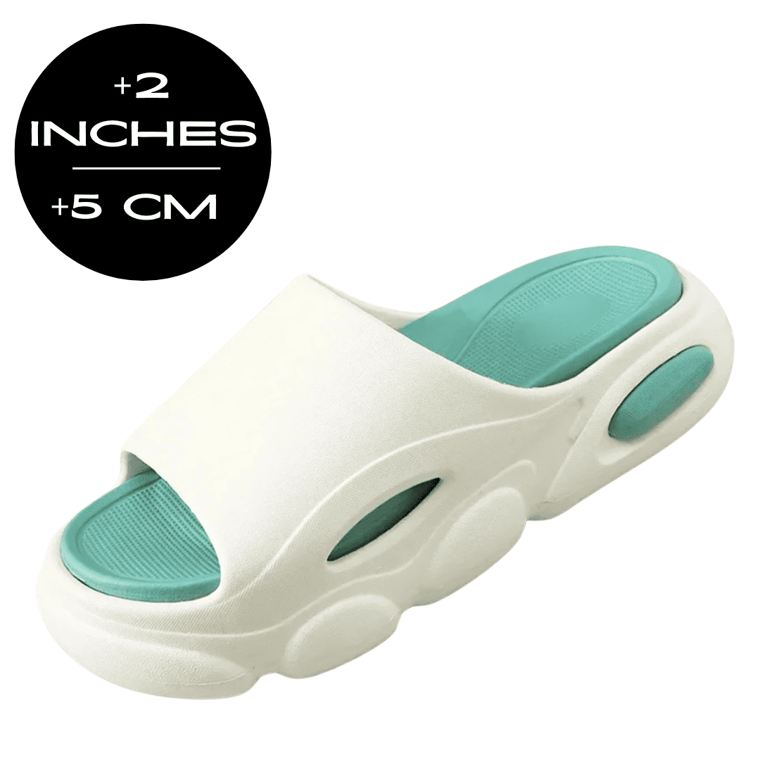 FORCIANO FEROX White-Green height increasing slippers in a front three-quarter view with the 5 cm / 2" height increase displayed.