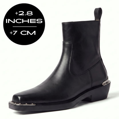 FORCIANO FERRANTE Elevator Boots in black with a smooth microfiber upper, shown from a front three-quarter angle with the 7 cm / 2.8" height graphic.