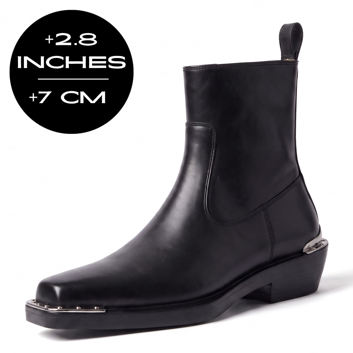 FORCIANO FERRANTE Elevator Boots in Black, featuring a smooth finish, ankle-high silhouette, rear pull tab, metal toe detailing and black low-block heel with a 2.8" / 7 cm height increase.
