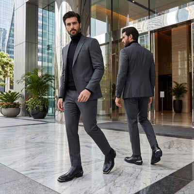 FORCIANO FERRANTE Elevator Boots in black shown worn with a dark suit while walking through a modern formal interior.
