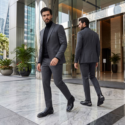 FORCIANO FERRANTE Elevator Boots in black shown worn with a dark suit while walking through a modern formal interior.
