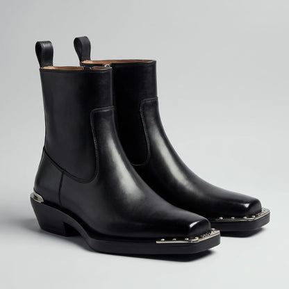 FORCIANO FERRANTE Elevator Boots in black, presented as a pair from a front three-quarter view with smooth microfiber uppers and square-toe metallic trim.