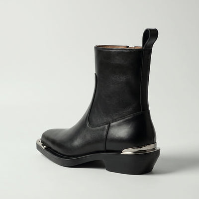 FORCIANO FERRANTE Elevator Boots in black, viewed from the rear three-quarter angle with a smooth microfiber upper, pull tab, heel profile, and metallic accent.
