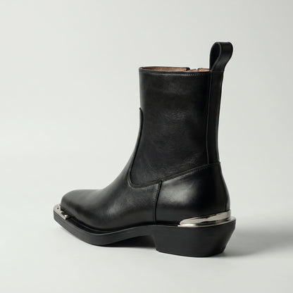 FORCIANO FERRANTE Elevator Boots in black, viewed from the rear three-quarter angle with a smooth microfiber upper, pull tab, heel profile, and metallic accent.