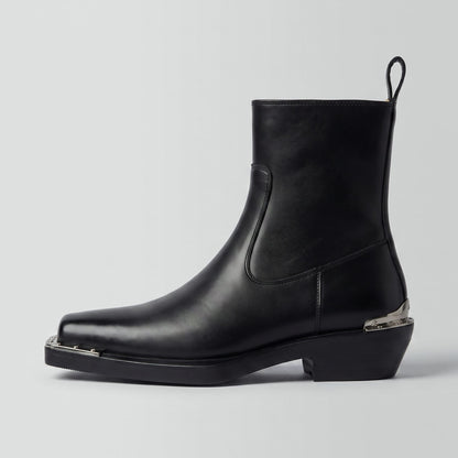 FORCIANO FERRANTE Elevator Boots in black, shown from the side with a smooth microfiber upper, square-toe silhouette, pull tab, and metallic accents.