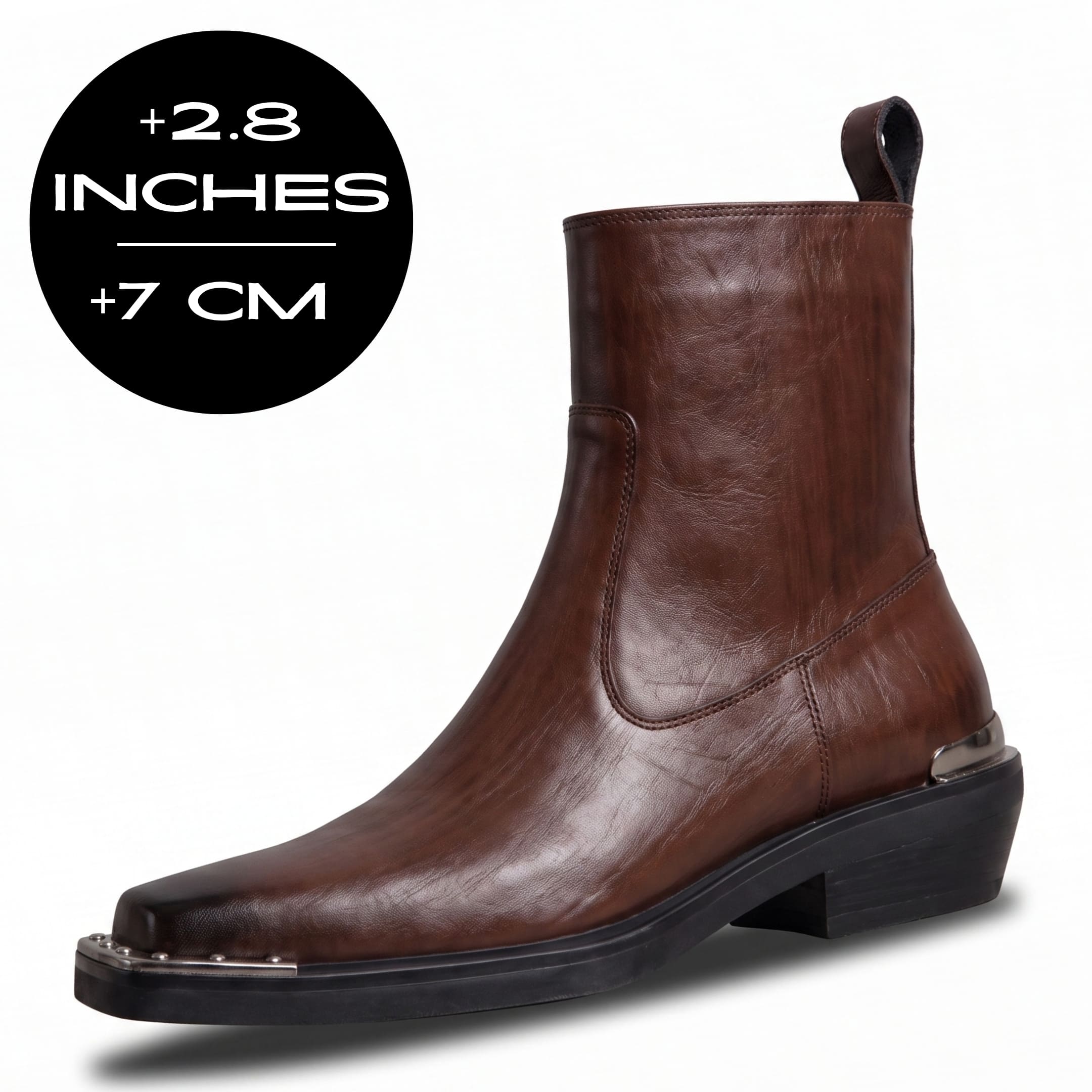 FORCIANO FERRANTE Elevator Boots in dark brown with a smooth microfiber upper, shown at a front three-quarter angle with the 7 cm / 2.8" height graphic.
