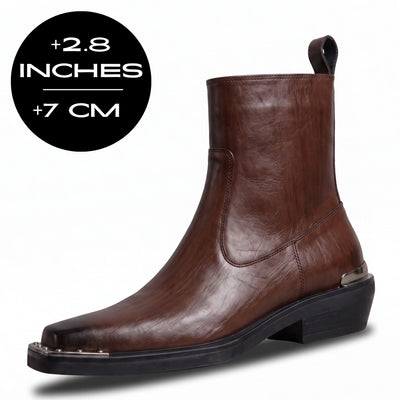 FORCIANO FERRANTE Elevator Boots in Dark Brown, featuring a polished appearance, ankle-high design, rear pull tab, metal toe detailing and black low-block heel with a 2.8" / 7 cm height increase.
