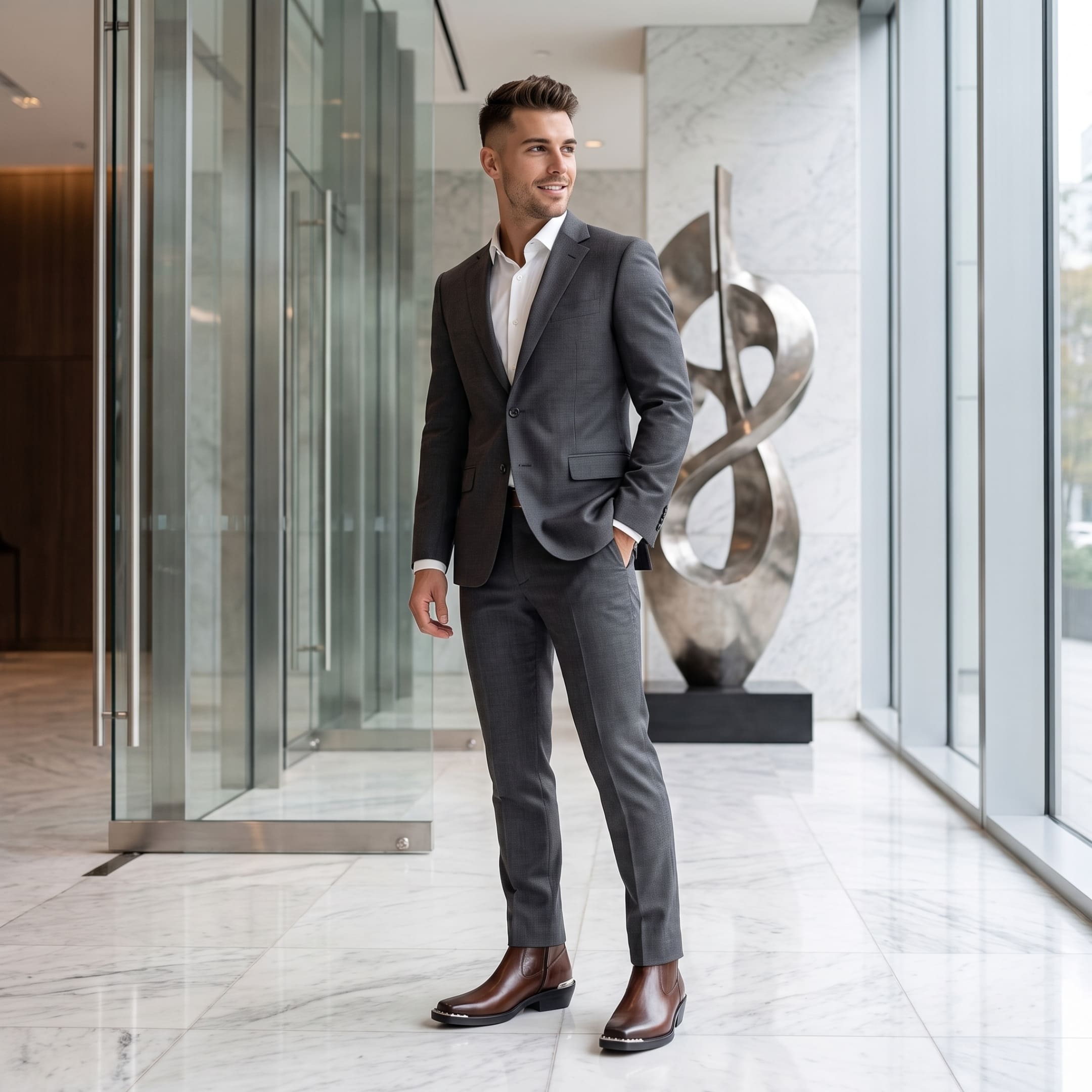 FORCIANO FERRANTE Elevator Boots in dark brown shown worn with a grey suit in a modern indoor formal lifestyle setting.