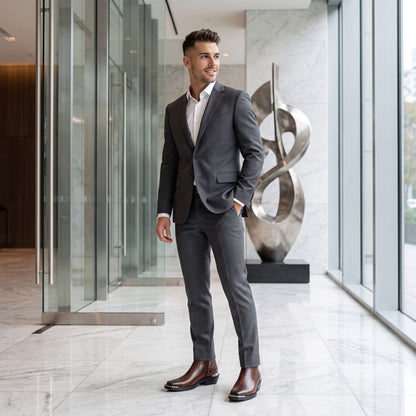 FORCIANO FERRANTE Elevator Boots in dark brown shown worn with a grey suit in a modern indoor formal lifestyle setting.