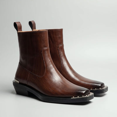 FORCIANO FERRANTE Elevator Boots in dark brown, shown as a pair at a front angle with smooth microfiber uppers, square toes, and metallic detailing.