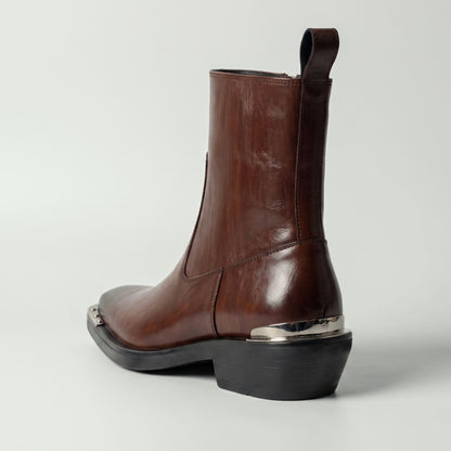 FORCIANO FERRANTE Elevator Boots in dark brown, shown from a rear three-quarter view with a smooth microfiber upper, pull tab, raised heel, and metallic heel detail.