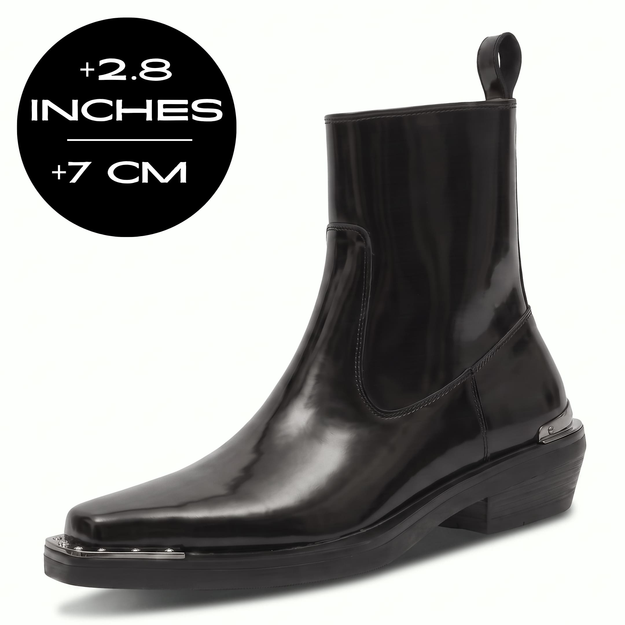 FORCIANO FERRANTE Elevator Boots in glossy black with a smooth microfiber upper, shown from a front three-quarter angle with the 7 cm / 2.8" height graphic.
