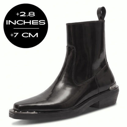 FORCIANO FERRANTE Elevator Boots in glossy black with a smooth microfiber upper, shown from a front three-quarter angle with the 7 cm / 2.8" height graphic.