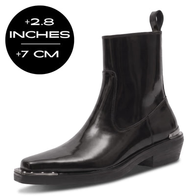 FORCIANO FERRANTE Elevator Boots in Glossy Black, featuring a shiny finish, ankle-high silhouette, rear pull tab, silver-tone toe detailing and black low-block heel with a 2.8" / 7 cm height increase.