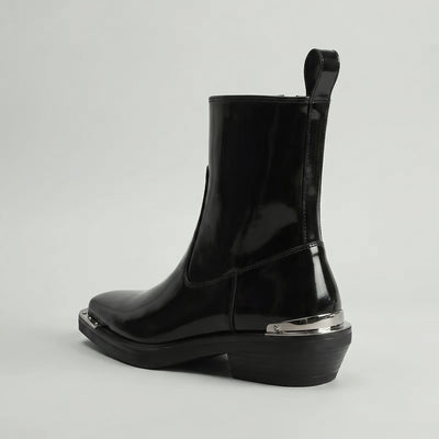 FORCIANO FERRANTE Elevator Boots in glossy black, displayed from a rear three-quarter angle with a smooth microfiber upper, pull tab, heel profile, and metallic trim.