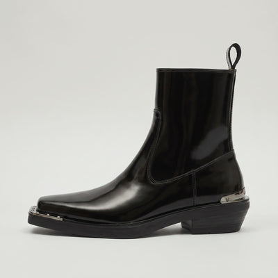 FORCIANO FERRANTE Elevator Boots in glossy black, shown in side profile with a smooth microfiber upper, square toe, pull tab, and metallic heel and toe accents.