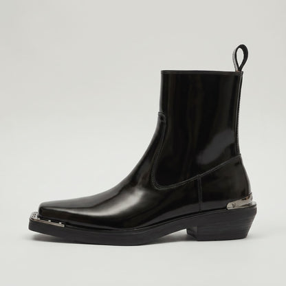 FORCIANO FERRANTE Elevator Boots in glossy black, shown in side profile with a smooth microfiber upper, square toe, pull tab, and metallic heel and toe accents.