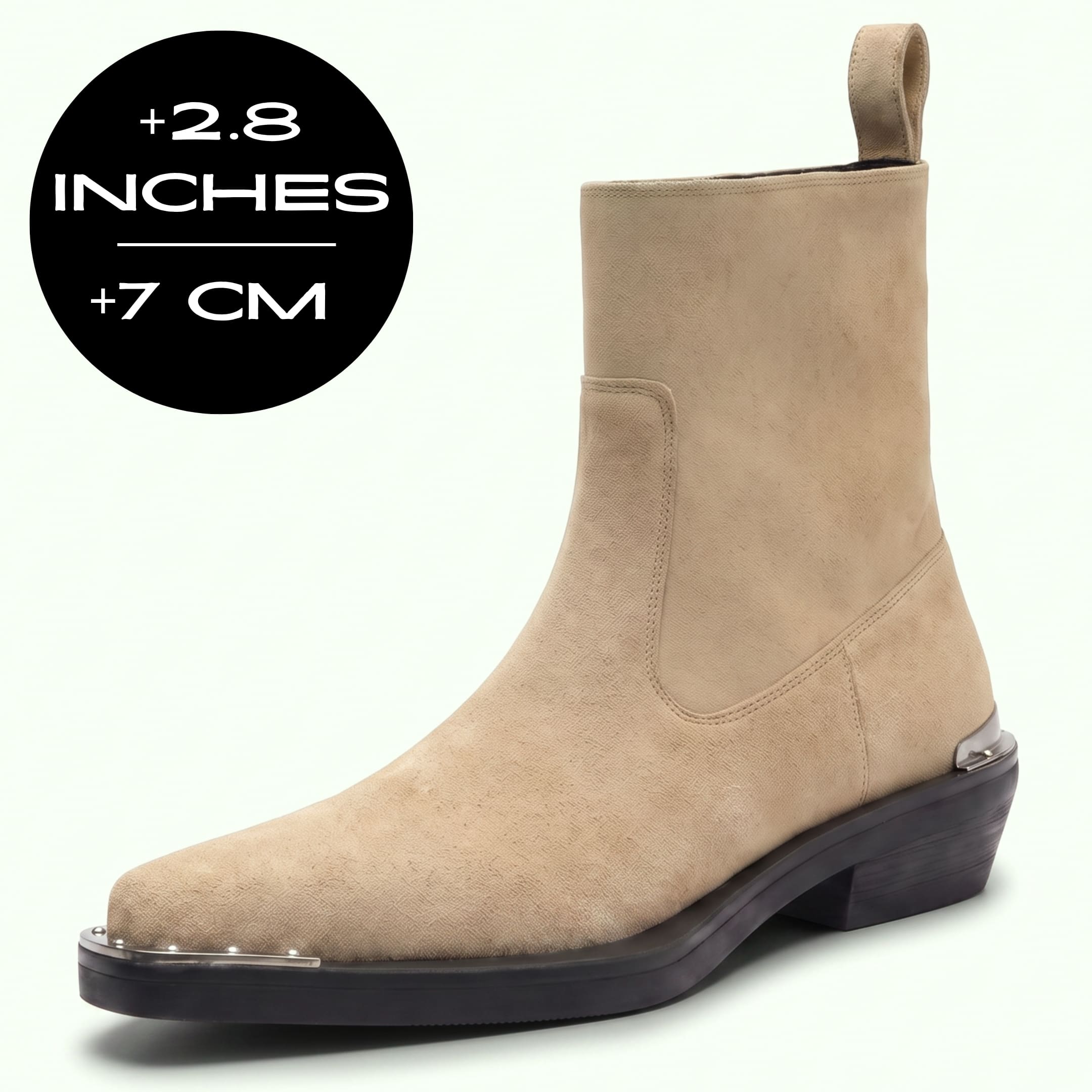 FORCIANO FERRANTE Elevator Boots in light brown with a smooth microfiber upper, shown from a front three-quarter angle with the 7 cm / 2.8" height graphic.
