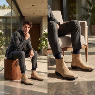 FORCIANO FERRANTE Elevator Boots in light brown shown worn with a dark suit in a two-panel seated formal lifestyle setting.